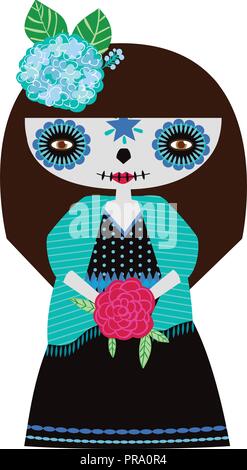 Vector illustration of blue catrina doll on a white background. Celebrating the day of the dead and Halloween. Use in scrapbooking, crafts, fabrics Stock Vector