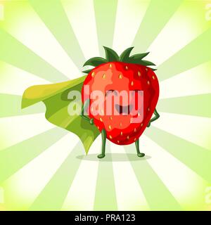 Cartoon superhero strawberry in green cape. Funny fruit and vegetable super hero. Vector illustration Stock Vector