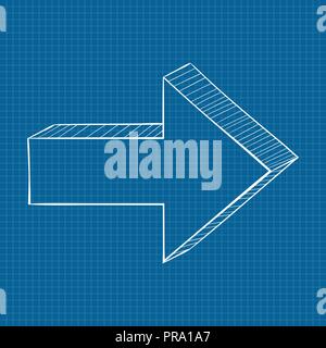 Arrow. Hatching technique. White sign on blueprint background Stock Vector