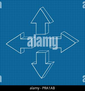 Arrows. Four directions. On blueprint background Stock Vector