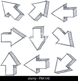 Arrows set. Outline signs with pencil hatching Stock Vector