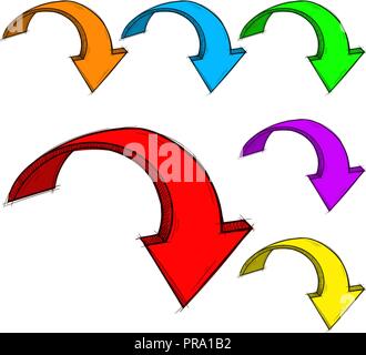 Colored arrows. Down curved signs. Hand drawn doodles Stock Vector