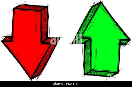 Arrows. Red and green Up and Down signs. Hand drawn sketch Stock Vector