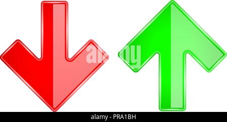 UP and DOWN arrows. 3d shiny glass icons. Red and Green Stock Vector