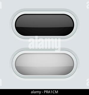 Black and white oval push buttons. Normal and pushed. 3d web interface elements Stock Vector