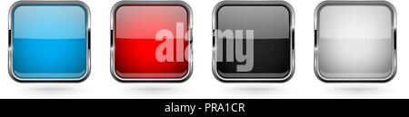 Colored glass 3d buttons with chrome frame. Square icons Stock Vector