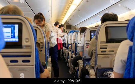 Hong Kong - June 01, 2018: Inside Cathay Pacific Plane Stock Photo