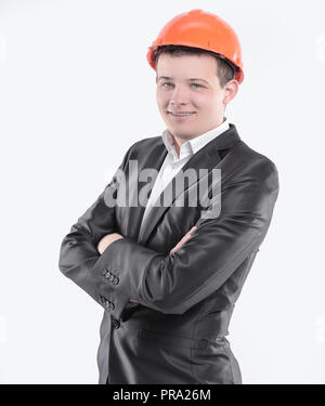 young engineer in orange helmet. isolated on white Stock Photo