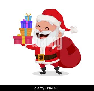 Merry Christmas. Funny Santa Claus. Cheerful cartoon character holding four gift boxes. Usable for greeting card, banner, poster, flyer, label or tag. Stock Vector