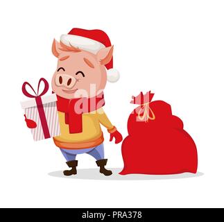 Merry Christmas. Cute pig wearing Santa Claus hat and scarf. Cheerful funny cartoon character holding gift box. Vector illustration. Stock Vector