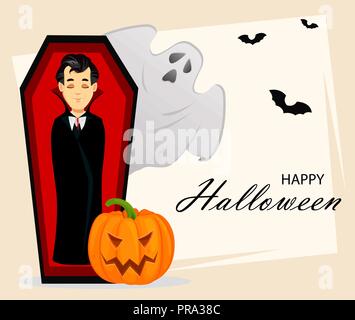 Happy Halloween. Vampire cartoon character wearing black and red cape and sleeping in coffin. Vector illustration Stock Vector