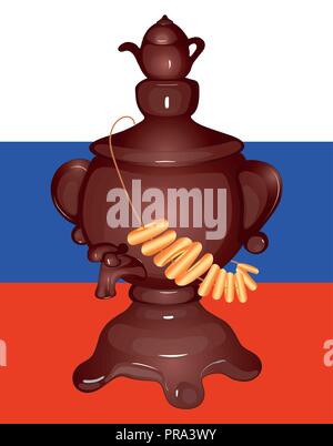 Russian samovar with a teapot, Bagels on the samovar. flag of Russia. Isolated. Vector Stock Vector