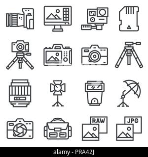 Photography, equipment, post-production, printing icons. Tripod Accessories Bag sd and more Stock Vector