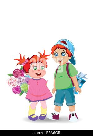 Cartoon illustration of cute little kids with flowers and present. Holiday celebration clip art of boy and girl characters for happy birthday, back to Stock Vector