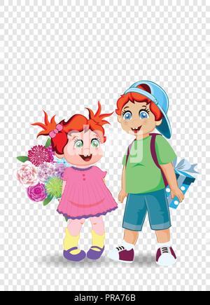 Cartoon vector illustration of cute little kids with flowers and present. Holiday celebration clip art of boy and girl characters for happy birthday,  Stock Vector