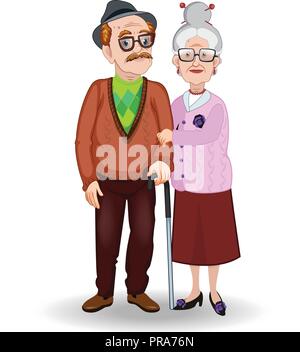Vector cartoon illustration of elderly couple holding hands. Old woman and man embrace. Granddaddy and grandmother feeling happy retirement age isolat Stock Vector