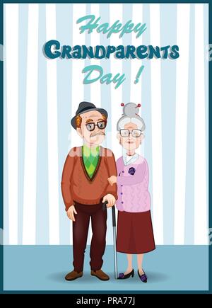 Happy grandparents day greeting card. Cartoon vector illustration of elderly couple holding hands. Old woman and old man embrace. Grandfather and gran Stock Vector