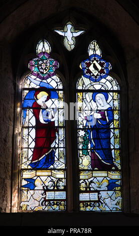 Stained glass depicting the Annunciation by the angel Gabriel to the Blessed Virgin Mary. St George Church Brinsop Herefordshire UK. September 2018. Stock Photo