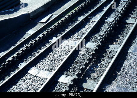 Railway tracks, Snowdon Mountain Railway, Llanberis, Gwynedd, North Wales, UK Stock Photo