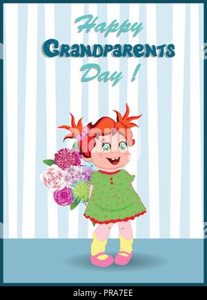 Grandparents day greeting card with cute cartoon little grandchild girl with beautiful bouquet of flowers on striped wallpaper background. Vector illu Stock Vector