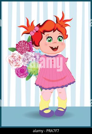 Vector illustration of cute cartoon little girl character with ginger hair wearing pink dress holding flowers on striped wallpaper background. Kawaii  Stock Vector