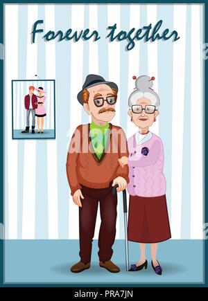 Forever together greeting card. Grandparents day cartoon vector illustration of elderly couple holding hands. Grandfather and grandmother in the room  Stock Vector