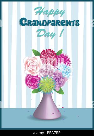 Happy grandparents day greeting card. Vector illustration of vase with bouquet of beautiful colorful flowers staying on the table on striped wall back Stock Vector
