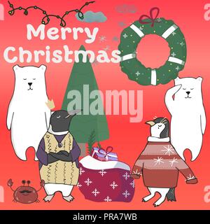 Funny and cute penguins Christmas Tree. Merry Christmas and Happy New year card. Christmas card in cartoon style. Vector illustration. Stock Vector