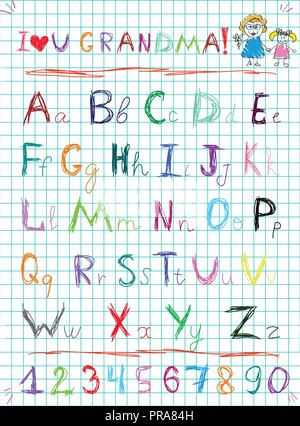 Multicolored baby sketch hand drawn doodle alphabet letters and numerals on squared notebook sheet vector illustration with I love you grandma title a Stock Vector