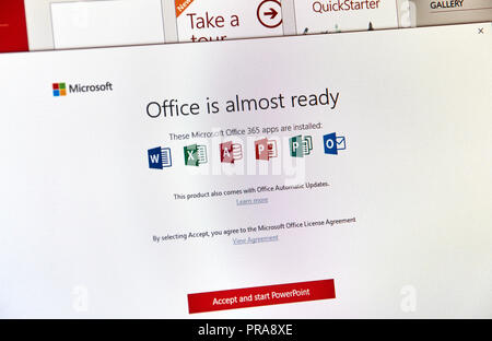 MONTREAL, CANADA - SEPTEMBER 8, 2018: Microsoft Office 365 installation procees on a desktop screen. Microsoft Office is a family of client and server Stock Photo