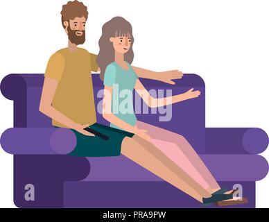 young couple seated in the sofa avatars characters Stock Vector