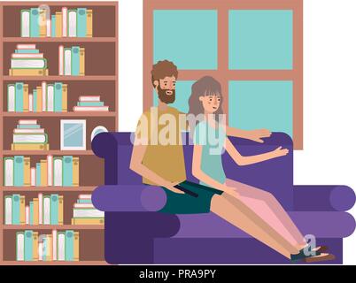 young couple seated in the sofa avatars characters Stock Vector