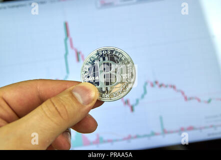 MONTREAL, CANADA - SEPTEMBER 8, 2018: A hand holding Bitcoin silver crypto currency coin in a hand over a bitcoin chart on a desktop screen. Stock Photo