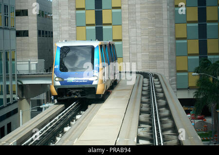 MIAMI, USA - AUGUST 22, 2018: Metromover in Downtown Miami. Metromover is a free public transit automated people mover train system operated by Miami- Stock Photo