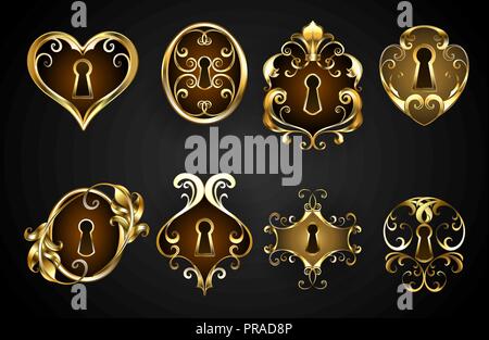 Set of antique, jewelry, keyholes on black background. Stock Vector