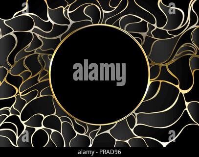 Golden, round banner on black, abstract background with  jewelry, golden pattern. Stock Vector