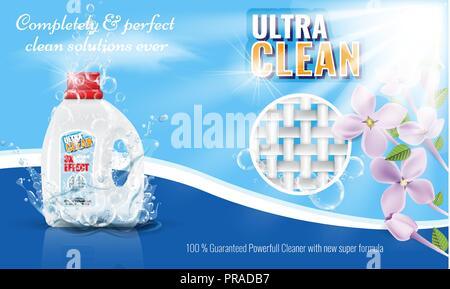 Gel laundry detergent advertising template with flower or floral border. Vector illustration. Stock Vector