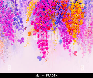 Abstract watercolor original landscape painting imagination colorful of beauty orchid flowers with butterfles and emotion in blue background. Stock Photo