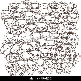 Background with cute baby piglets. Pastel cartoon image kawaii pigs. Vector by freehand draw doodle comic emoji art. Illustration for coloring pages a Stock Vector