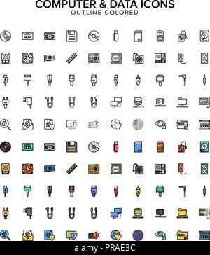 computer and data outline colored icon set Stock Vector