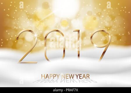 Vector Happy New Year 2019 - New Year Colorful Winter background with gold text. Greetings New Year banner with snow and bokeh. Vector Stock Vector