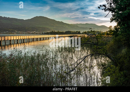 The sunset paints the historical holzsteg pedestrian bridge crossing the Upper Zurich Lake (Obersee) in a honey gold color. Part of the old Way of Sai Stock Photo