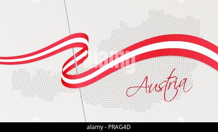 Vector illustration of abstract radial dotted halftone map of Austria and wavy ribbon with Austrian national flag colors for your design Stock Vector