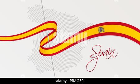 Vector illustration of abstract radial dotted halftone map of Spain and wavy ribbon with Spanish national flag colors for your graphic and web design Stock Vector