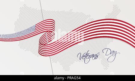 Vector illustration of abstract radial dotted halftone map of USA and wavy ribbon with the United States of America national flag colors Stock Vector