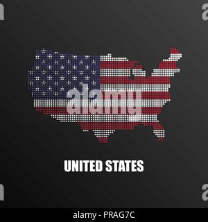 Vector illustration of abstract halftone map of USA made of square pixels with the United States of America national flag colors for your design Stock Vector