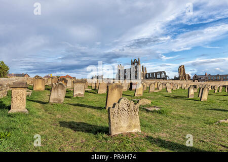 st mary's church, Whitby, North Yorkshire, England, 24th August 2018:gravestones at St Marys Church yard, Whitby, England. Stock Photo