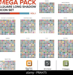 Mega Pack square  Icon set bundle long shadow . Icon set collection Stock Vector