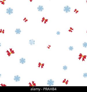 Red bows and snowflake seamless pattern. Isolated on a white background. Vector illustration. Stock Vector