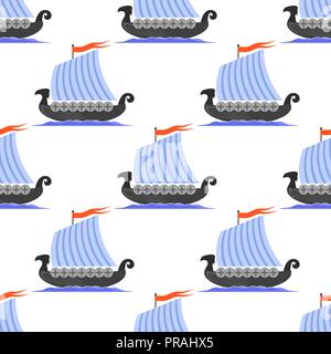 Viking Long Boat Icon Seamless Pattern Stock Vector